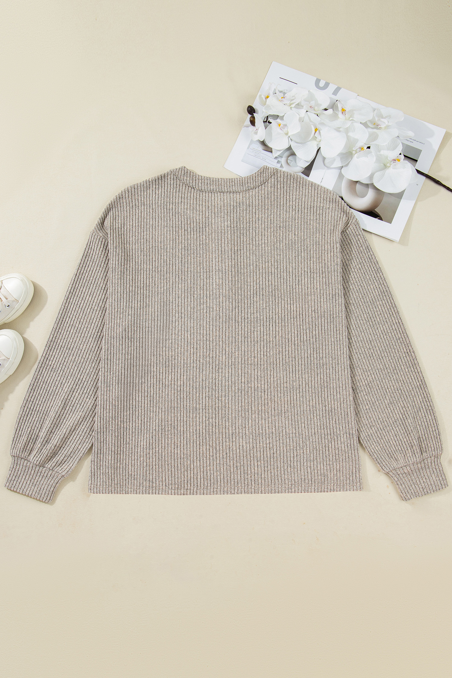 Plus Size Simply Taupe  Ribbed Knit Kangaroo Pocket Henley Long Sleeve Top