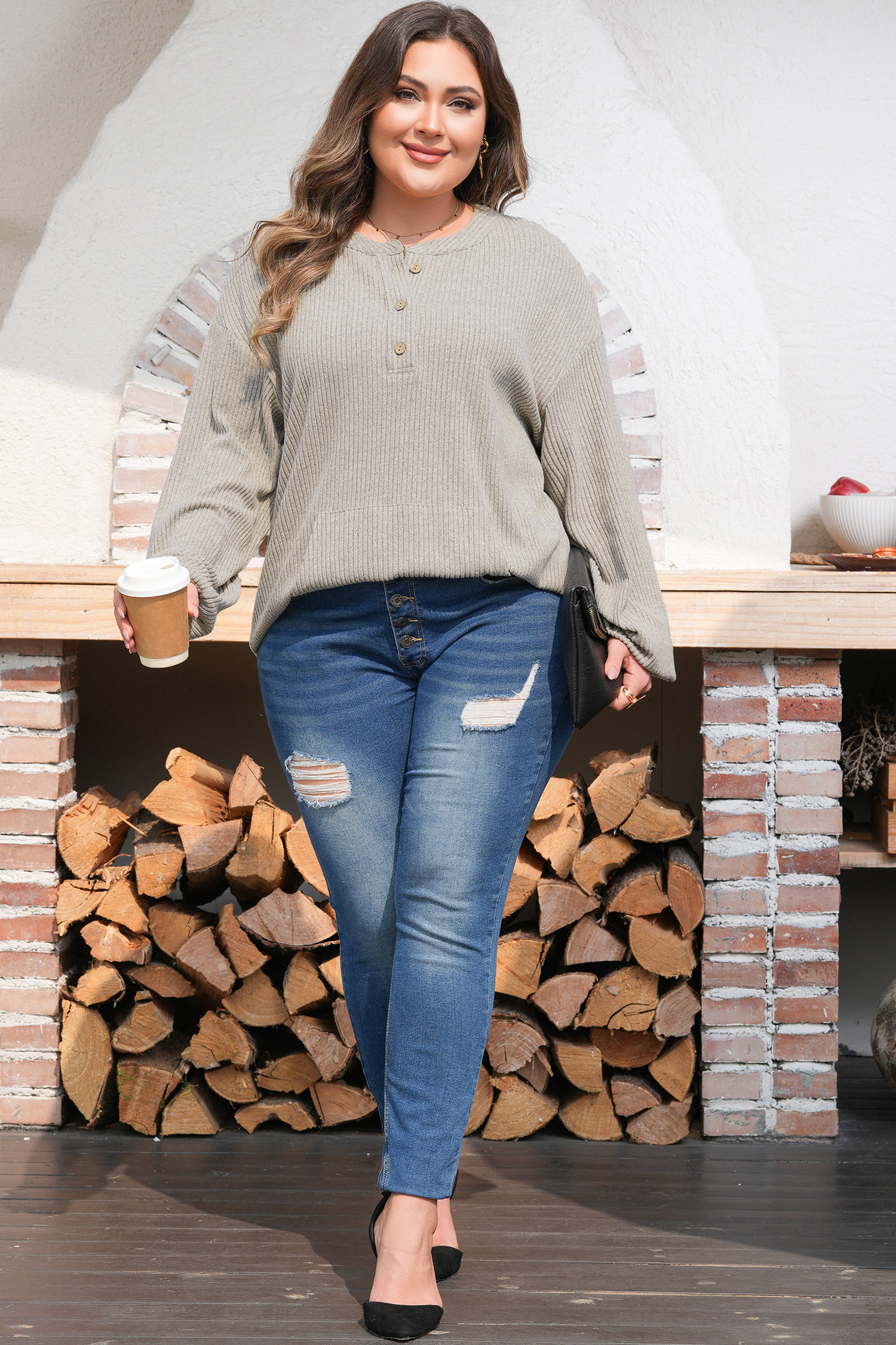 Plus Size Simply Taupe  Ribbed Knit Kangaroo Pocket Henley Long Sleeve Top