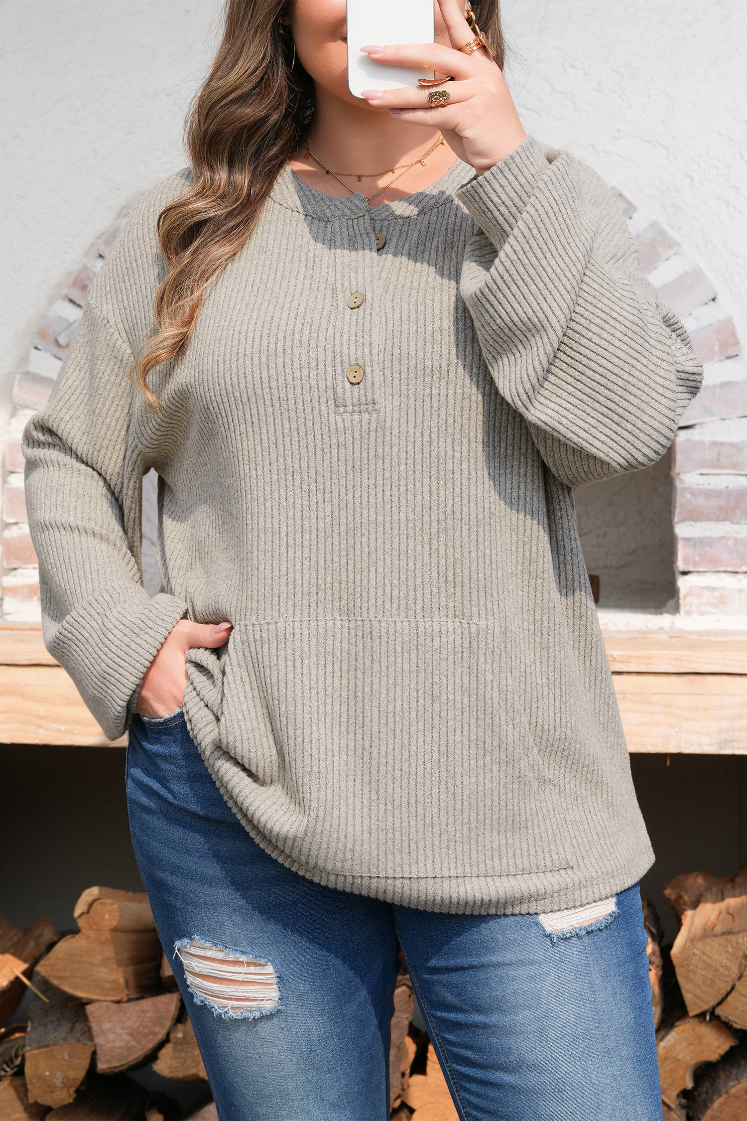 Plus Size Simply Taupe  Ribbed Knit Kangaroo Pocket Henley Long Sleeve Top