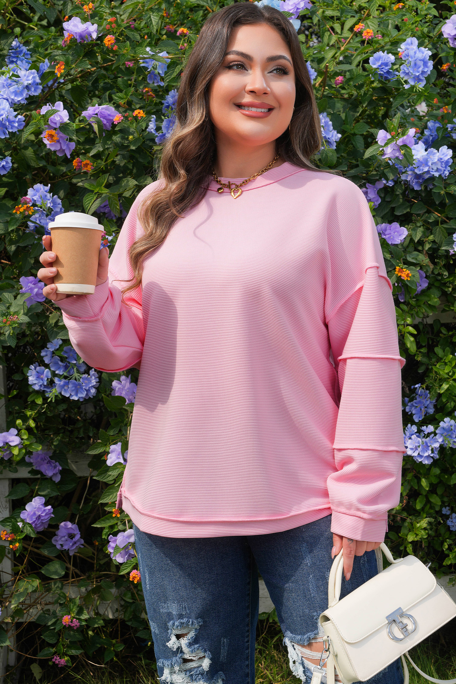 Plus Size Pink Drop Shoulder Long Sleeve  Ribbed Top