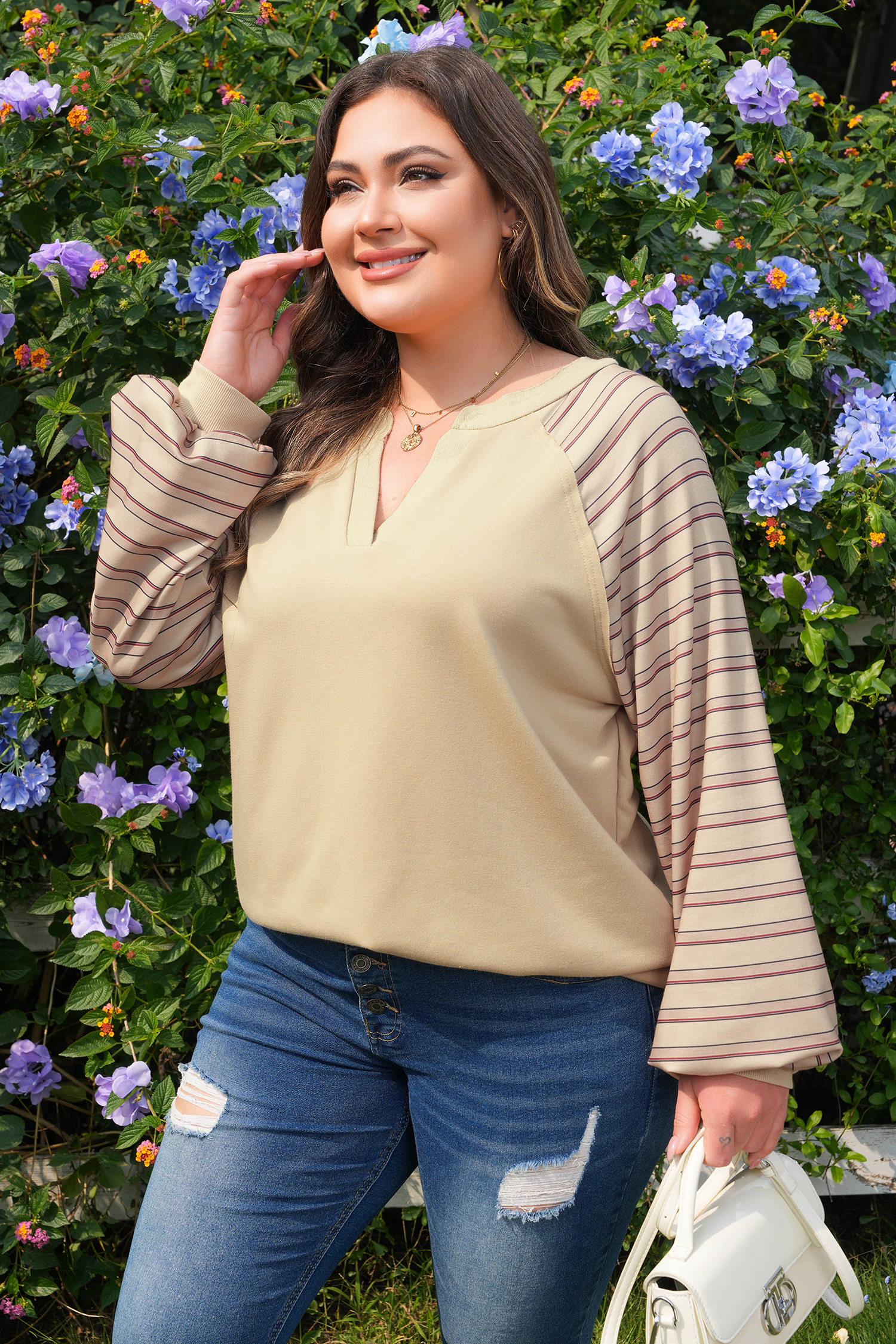Plus Size Parchment Striped Raglan Sleeve Notched Neck Raw Edge  Jumper