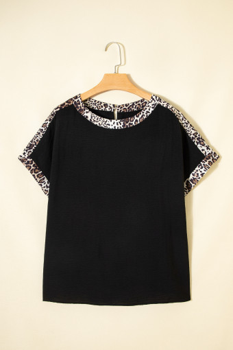 Plus Size Black  Leopard Patchwork Round Neck Loose Tee
