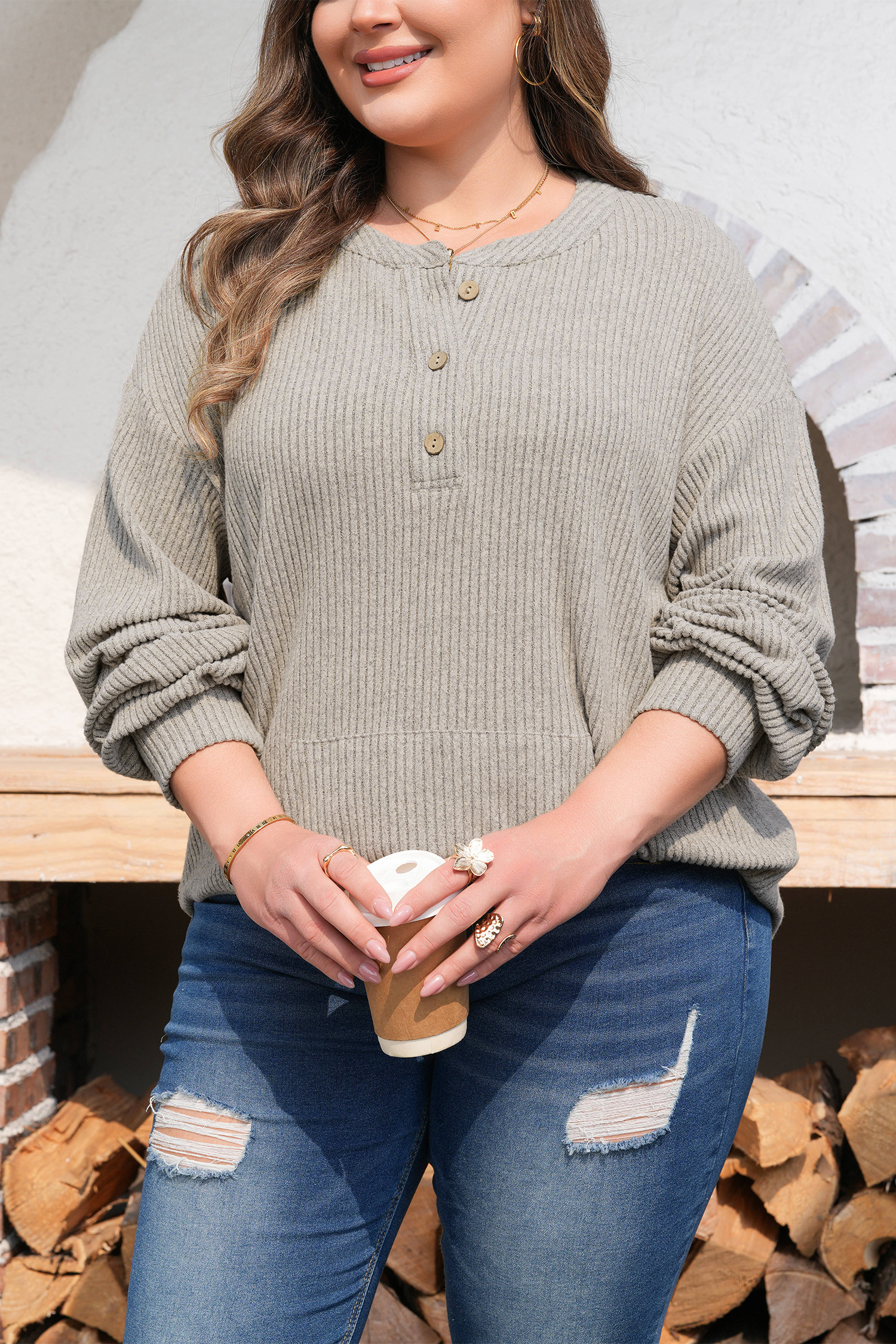 Plus Size Simply Taupe  Ribbed Knit Kangaroo Pocket Henley Long Sleeve Top