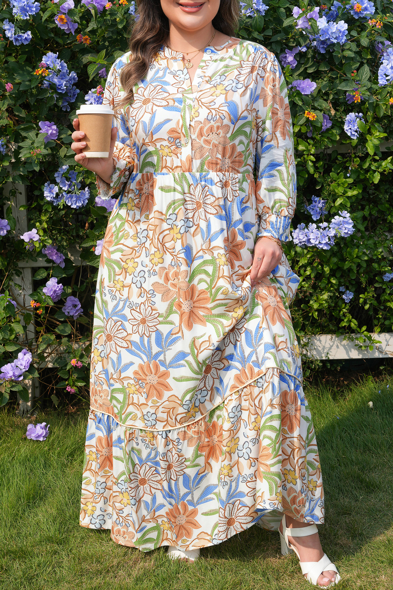 Plus Size Khaki Floral Print 3/4 Sleeves Tiered  Long Dress