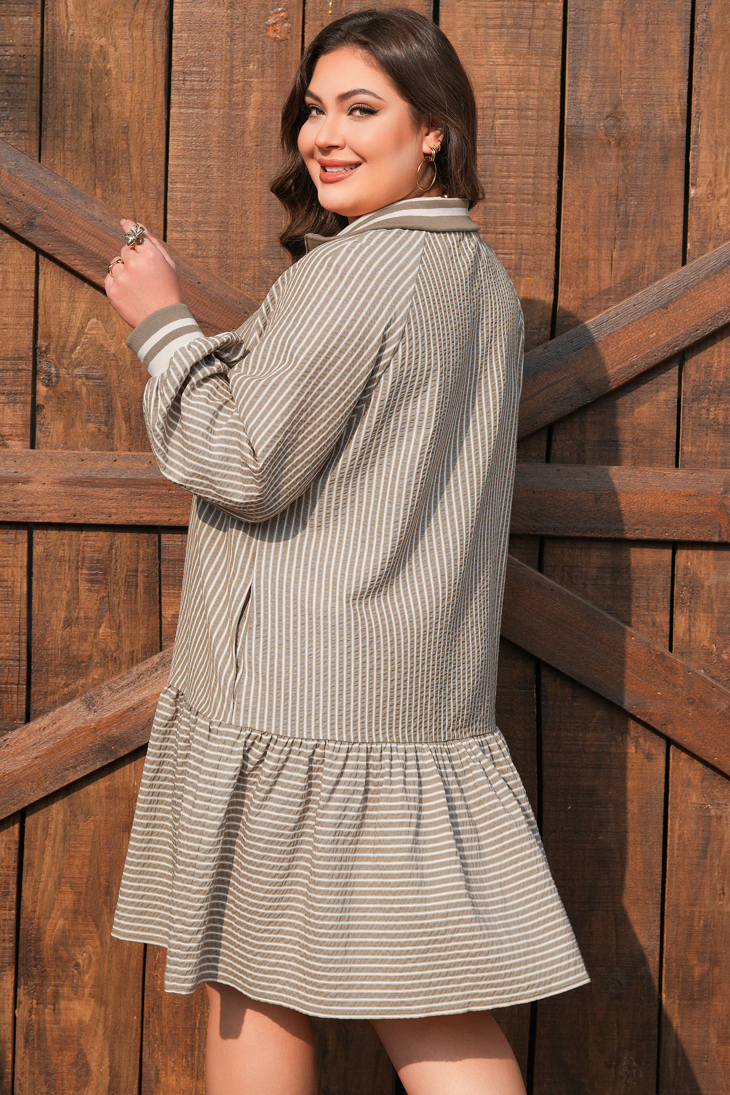 Plus Size Khaki Stripe Zip up Collared Puff Sleeve Ruffled  Mini Dress