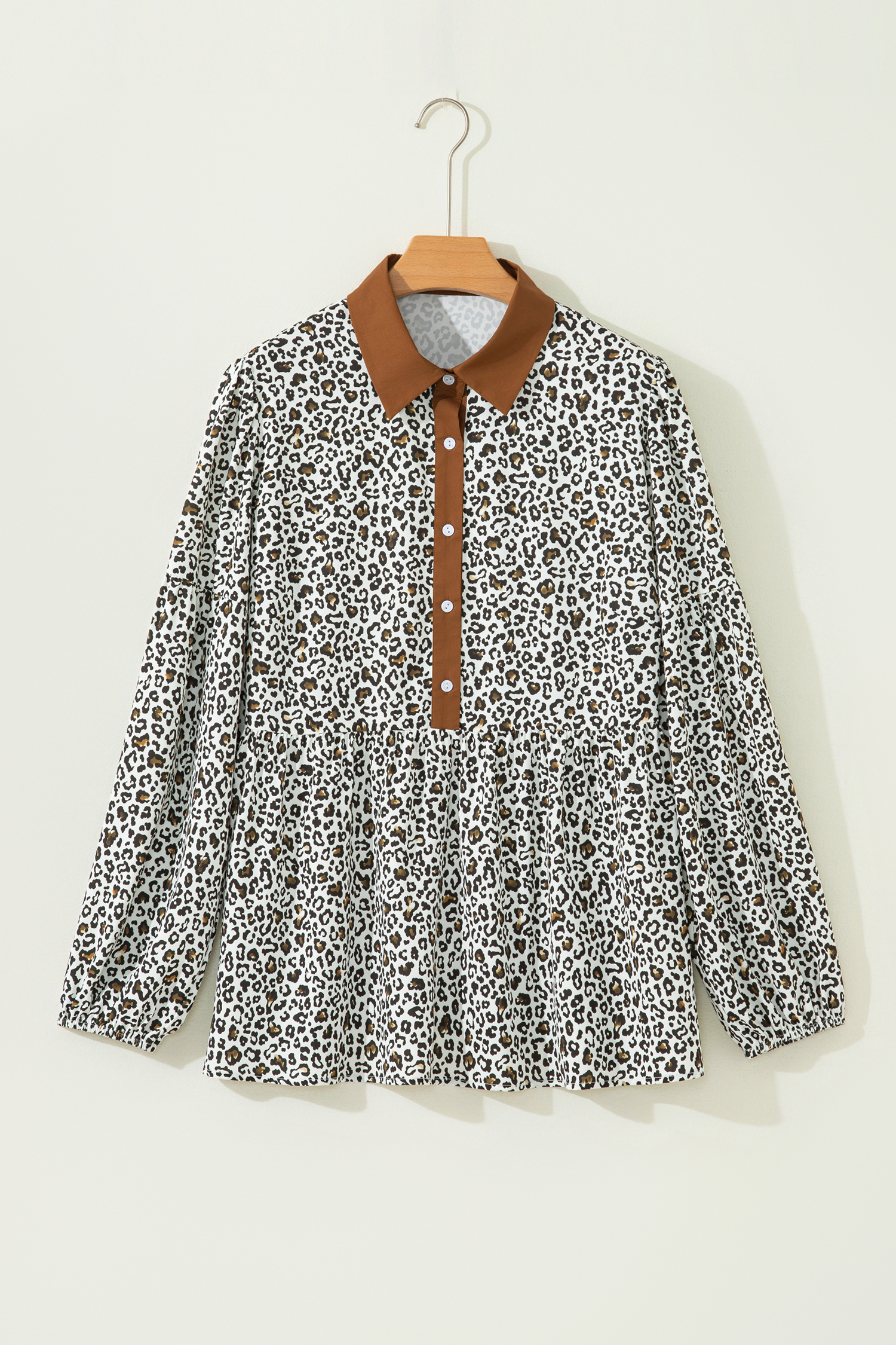 Plus Size Khaki  Buttoned Contrast Trim Puff Sleeve Leopard Print Blouse