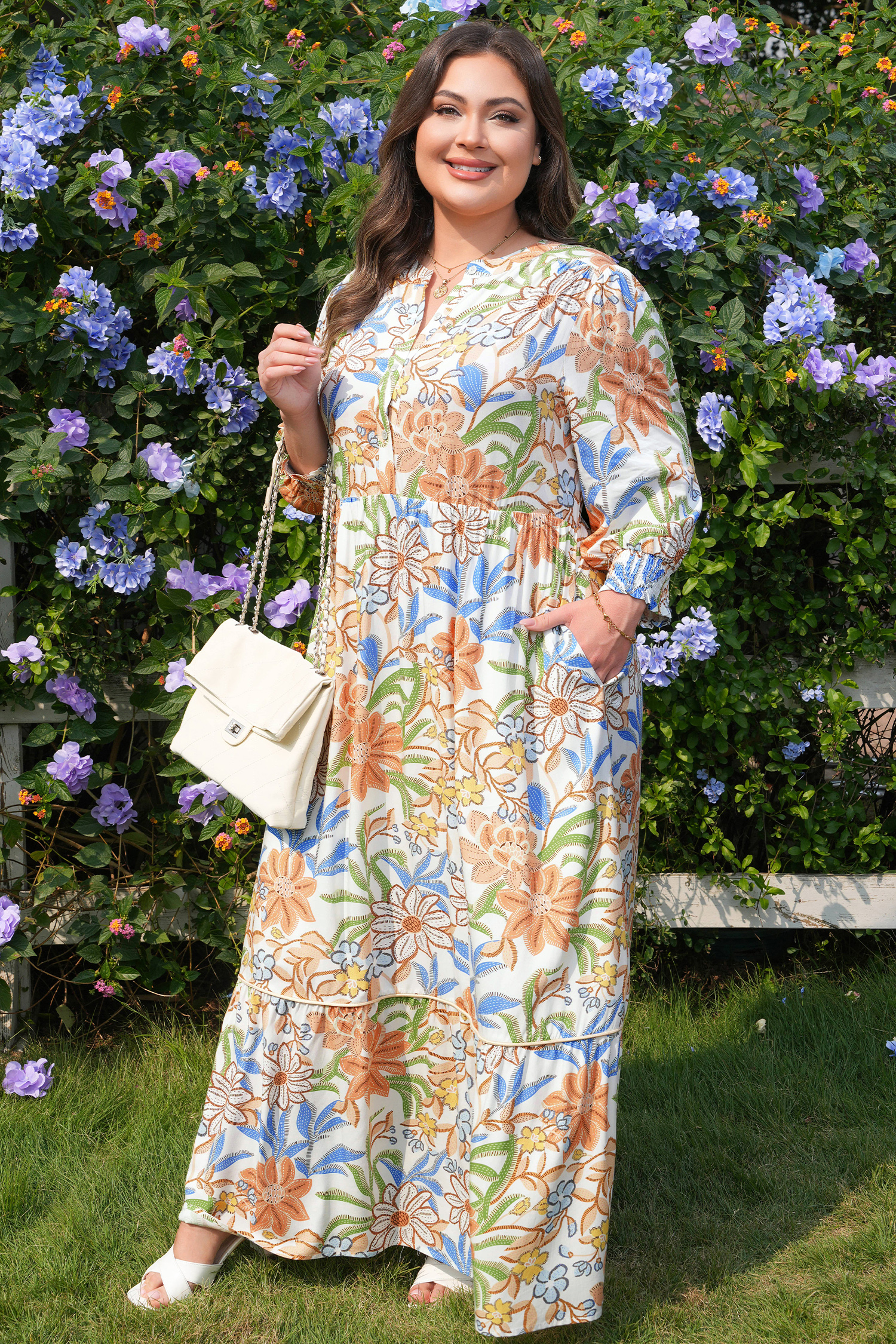 Plus Size Khaki Floral Print 3/4 Sleeves Tiered  Long Dress