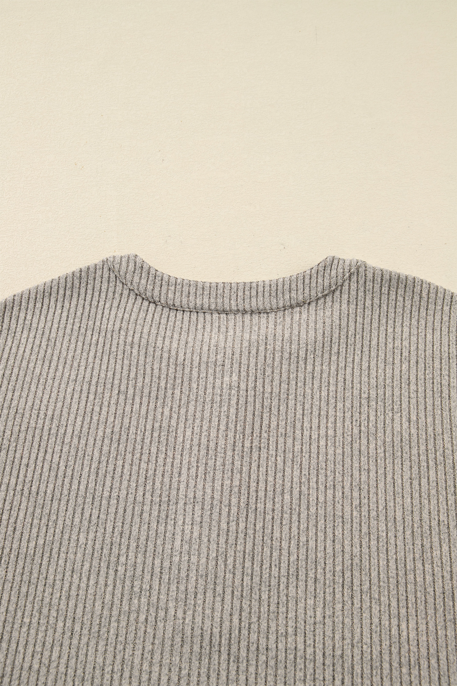 Plus Size Simply Taupe  Ribbed Knit Kangaroo Pocket Henley Long Sleeve Top