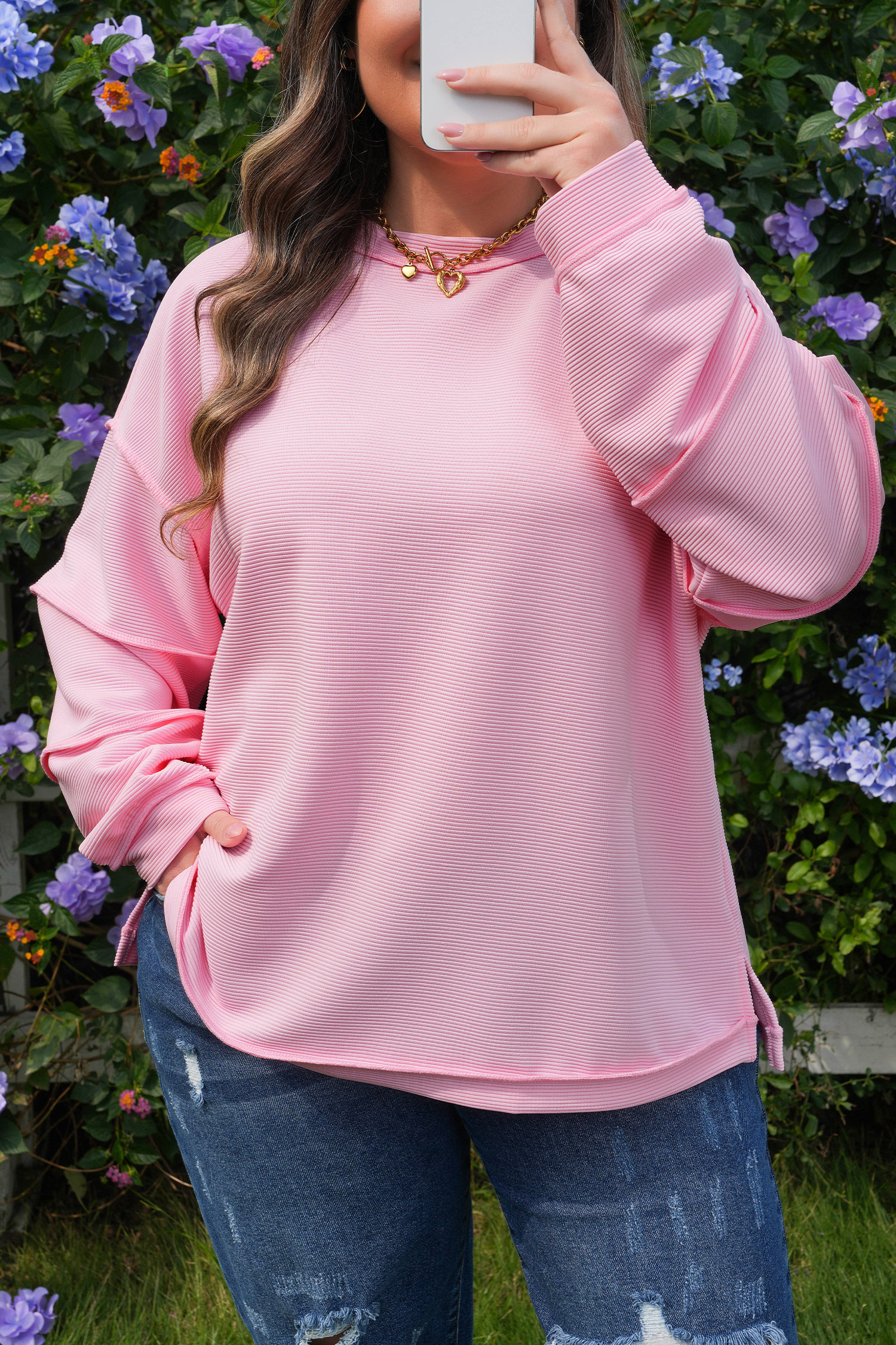 Plus Size Pink Drop Shoulder Long Sleeve  Ribbed Top
