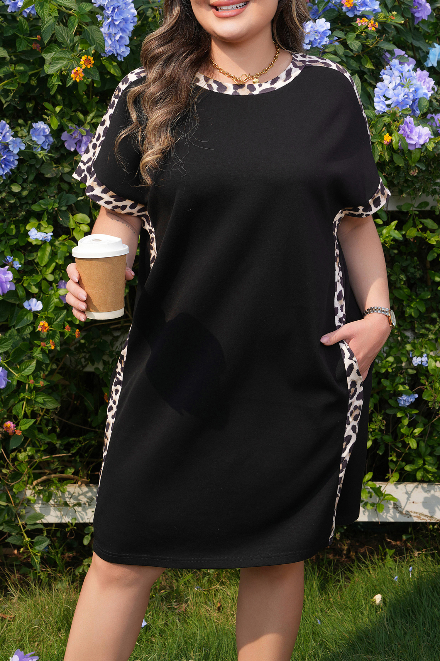 Plus Size Black  Leopard Print Patchwork Shift T Shirt Dress with Pockets
