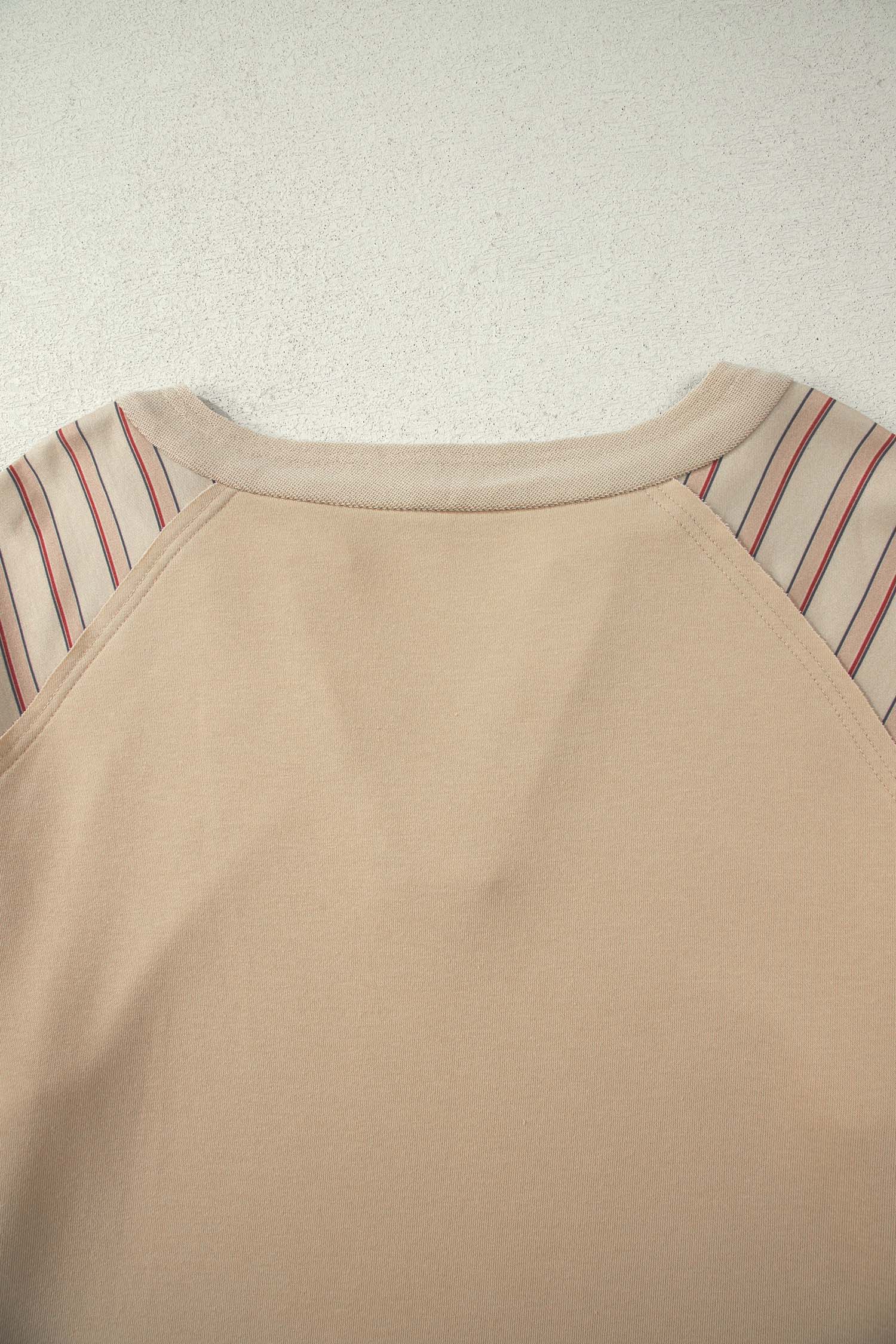 Plus Size Parchment Striped Raglan Sleeve Notched Neck Raw Edge  Jumper