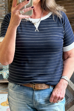 Plus Size Blue Stripe Contrast Trim  Ribbed T Shirt