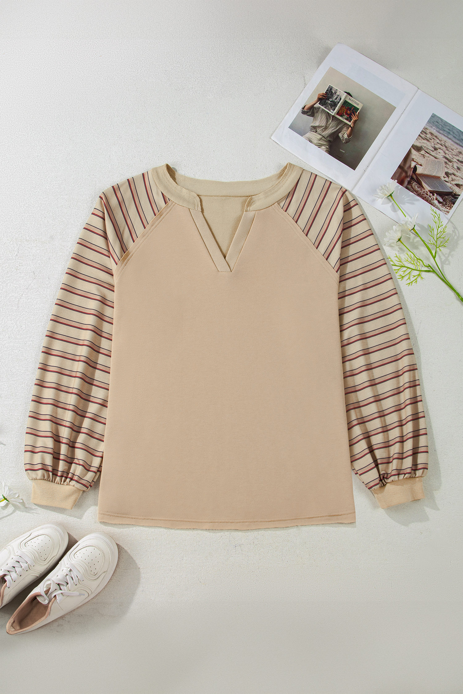 Plus Size Parchment Striped Raglan Sleeve Notched Neck Raw Edge  Jumper