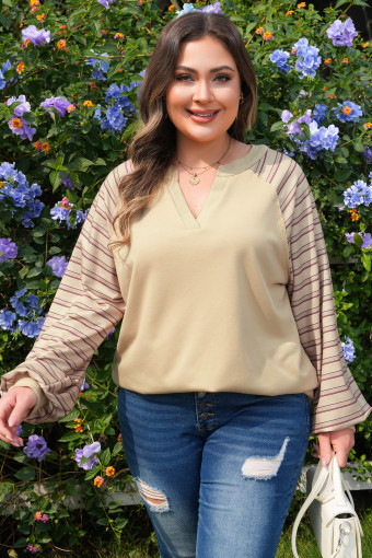 Plus Size Parchment Striped Raglan Sleeve Notched Neck Raw Edge  Jumper