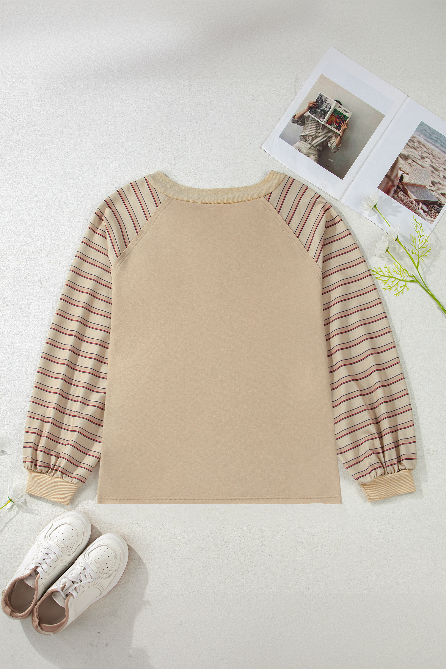Plus Size Parchment Striped Raglan Sleeve Notched Neck Raw Edge  Jumper