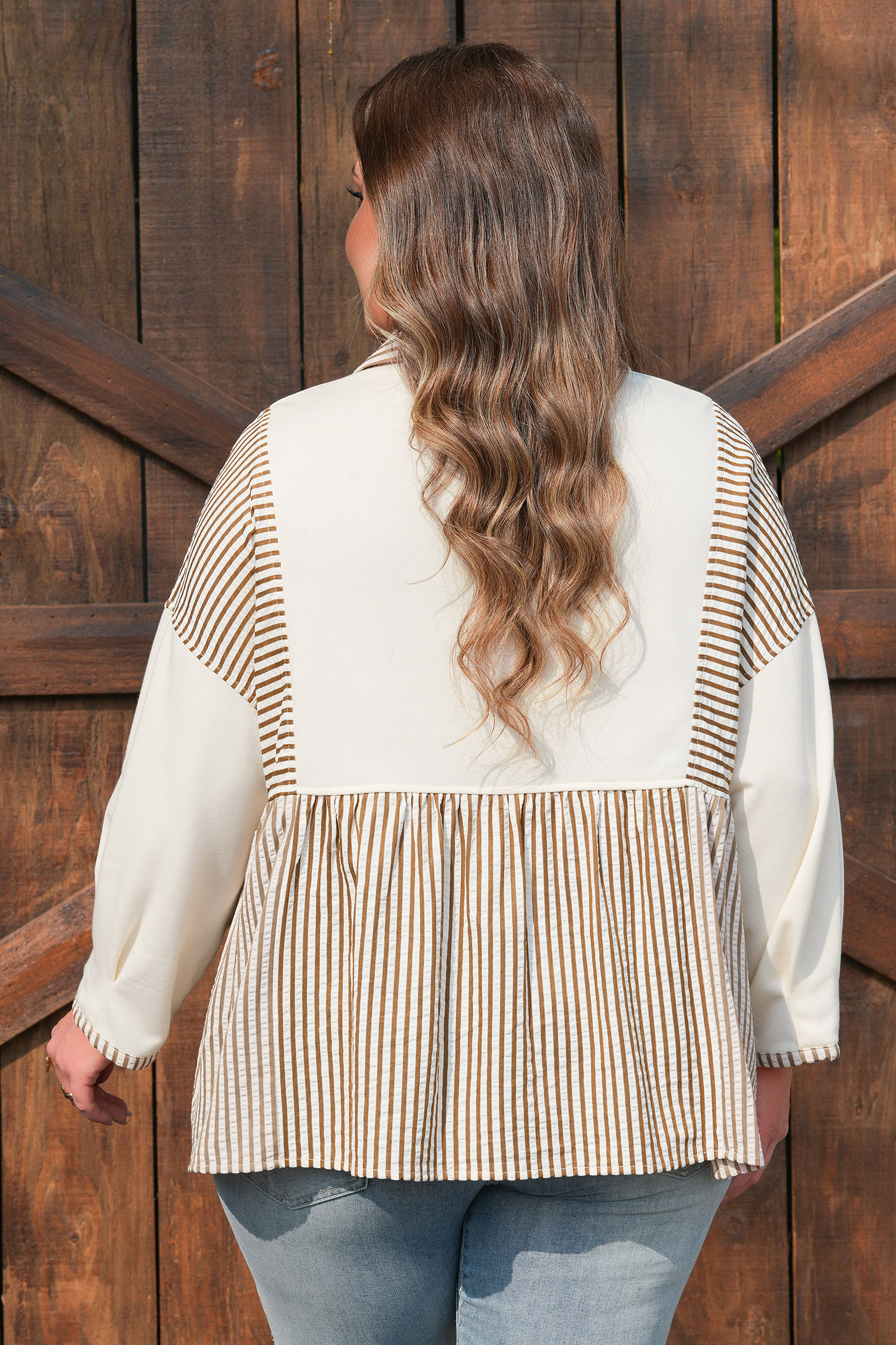 Plus Size Khaki Stripe  Color Block Patchwork Half Button Long Sleeve Peplum Blouse