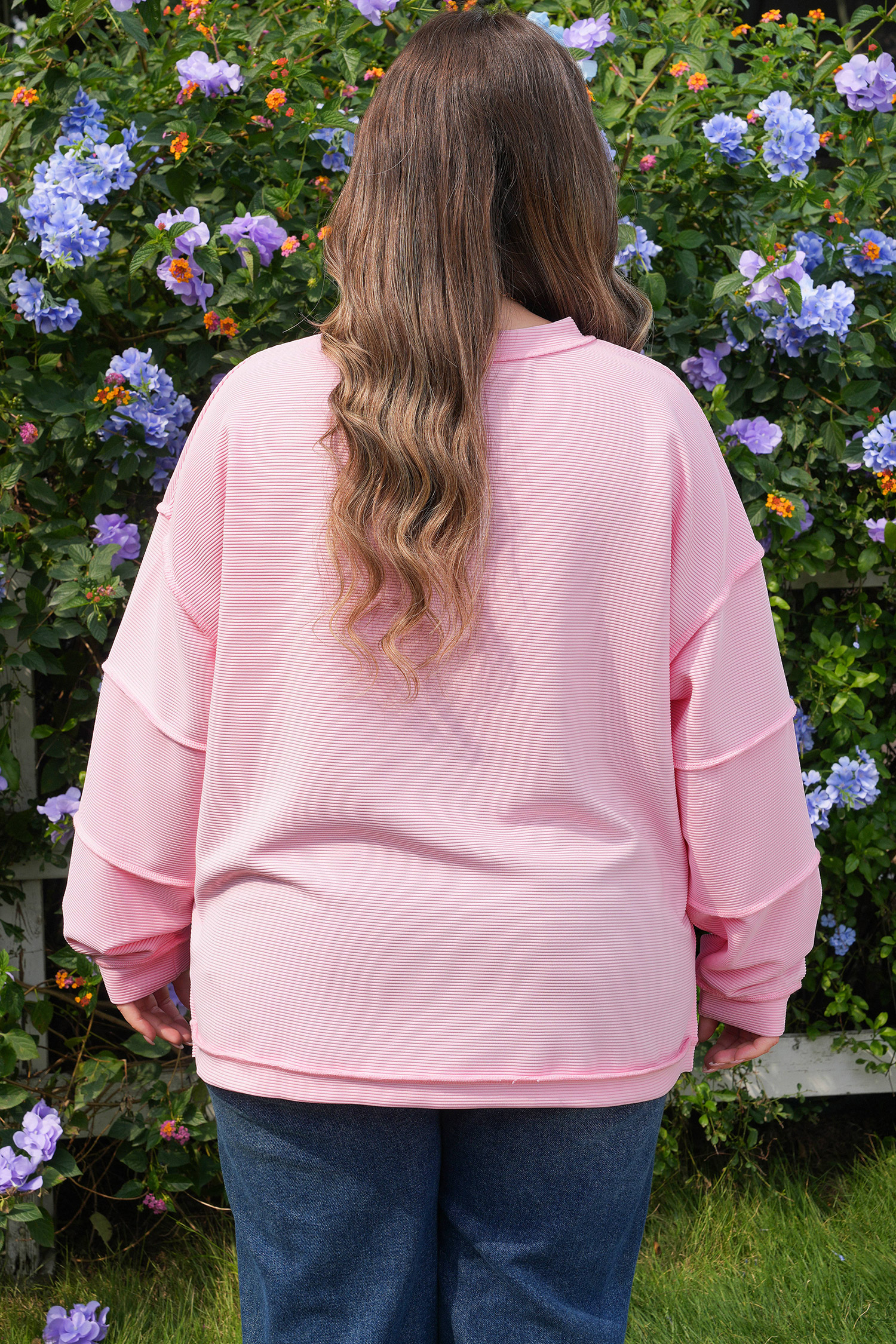 Plus Size Pink Drop Shoulder Long Sleeve  Ribbed Top
