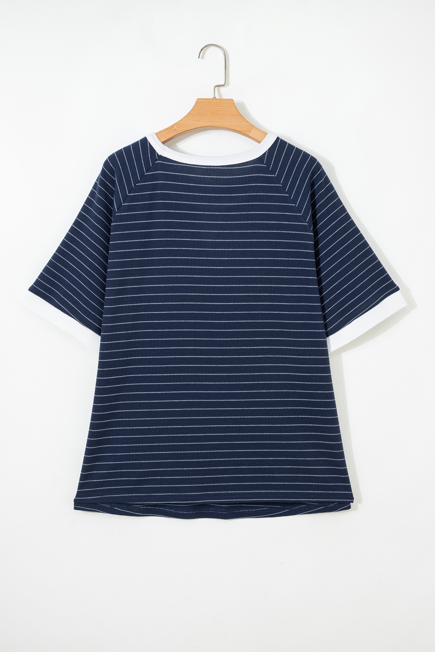 Plus Size Blue Stripe Contrast Trim  Ribbed T Shirt