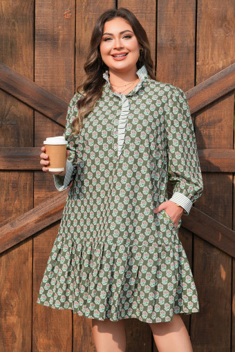 Plus Size Green Contrast Striped Frilled Collar 3/4 Sleeve  Floral Dress