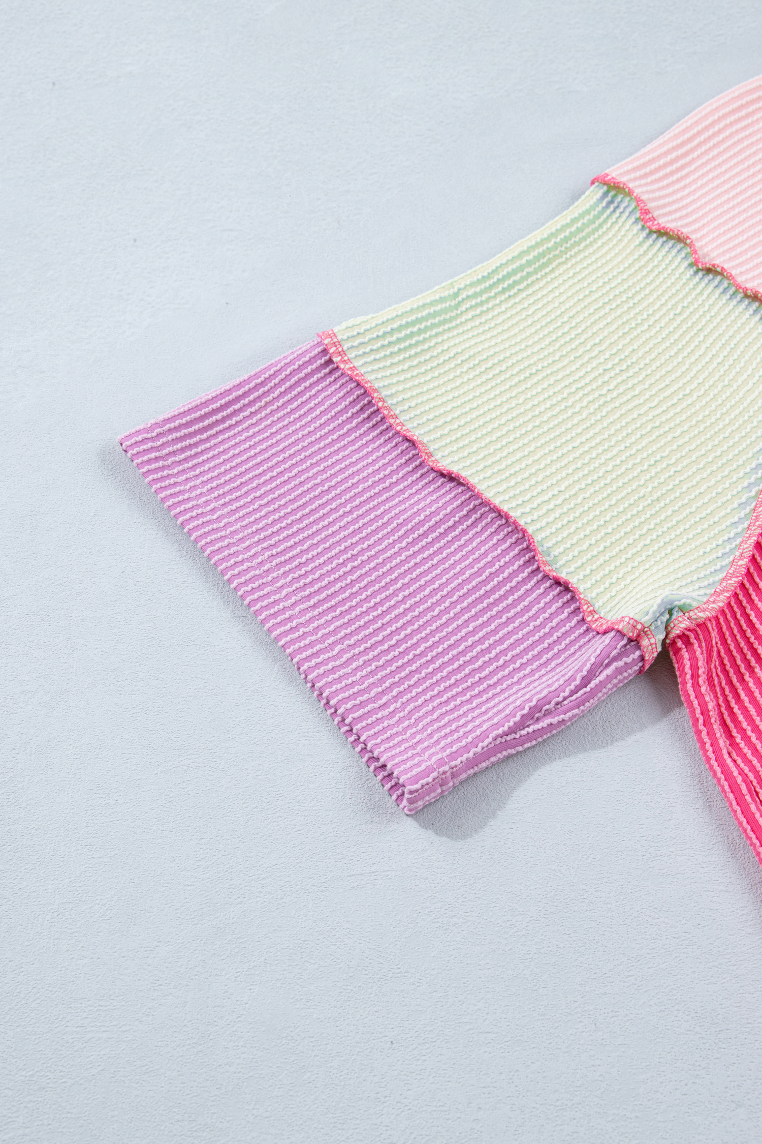 Plus Size Bright Pink  Twisted Rib Color Block Patchwork Short Sleeve Henley Top