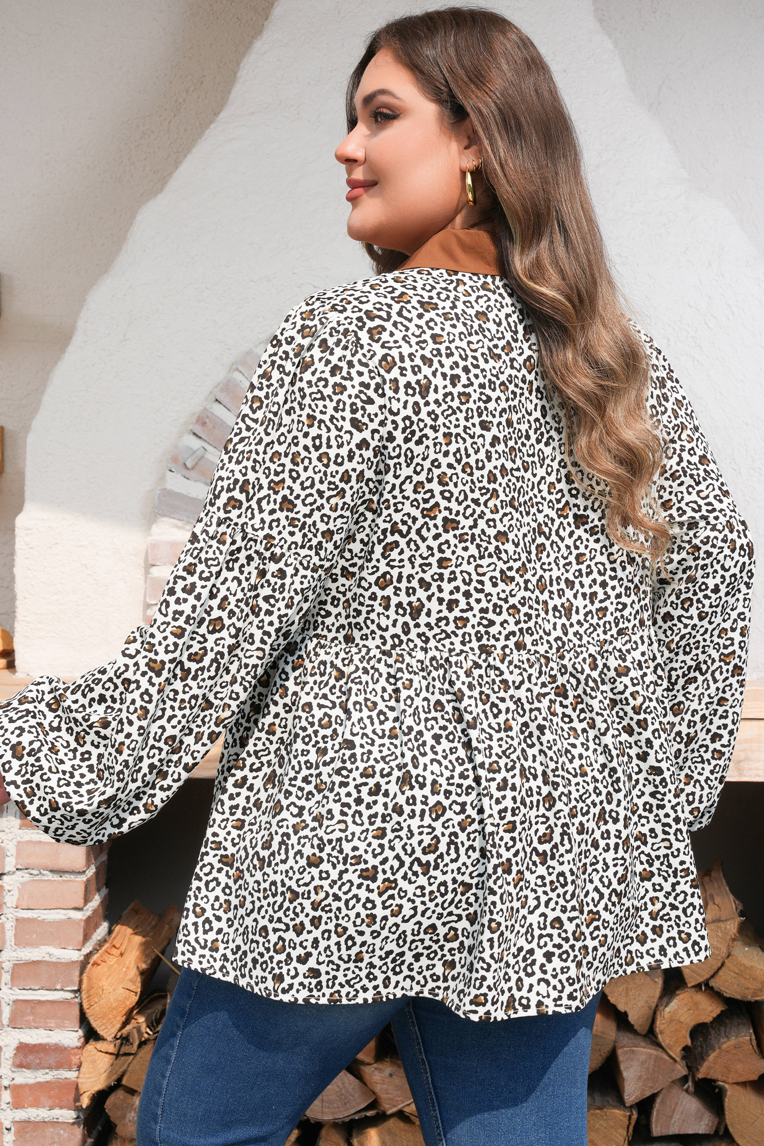 Plus Size Khaki  Buttoned Contrast Trim Puff Sleeve Leopard Print Blouse