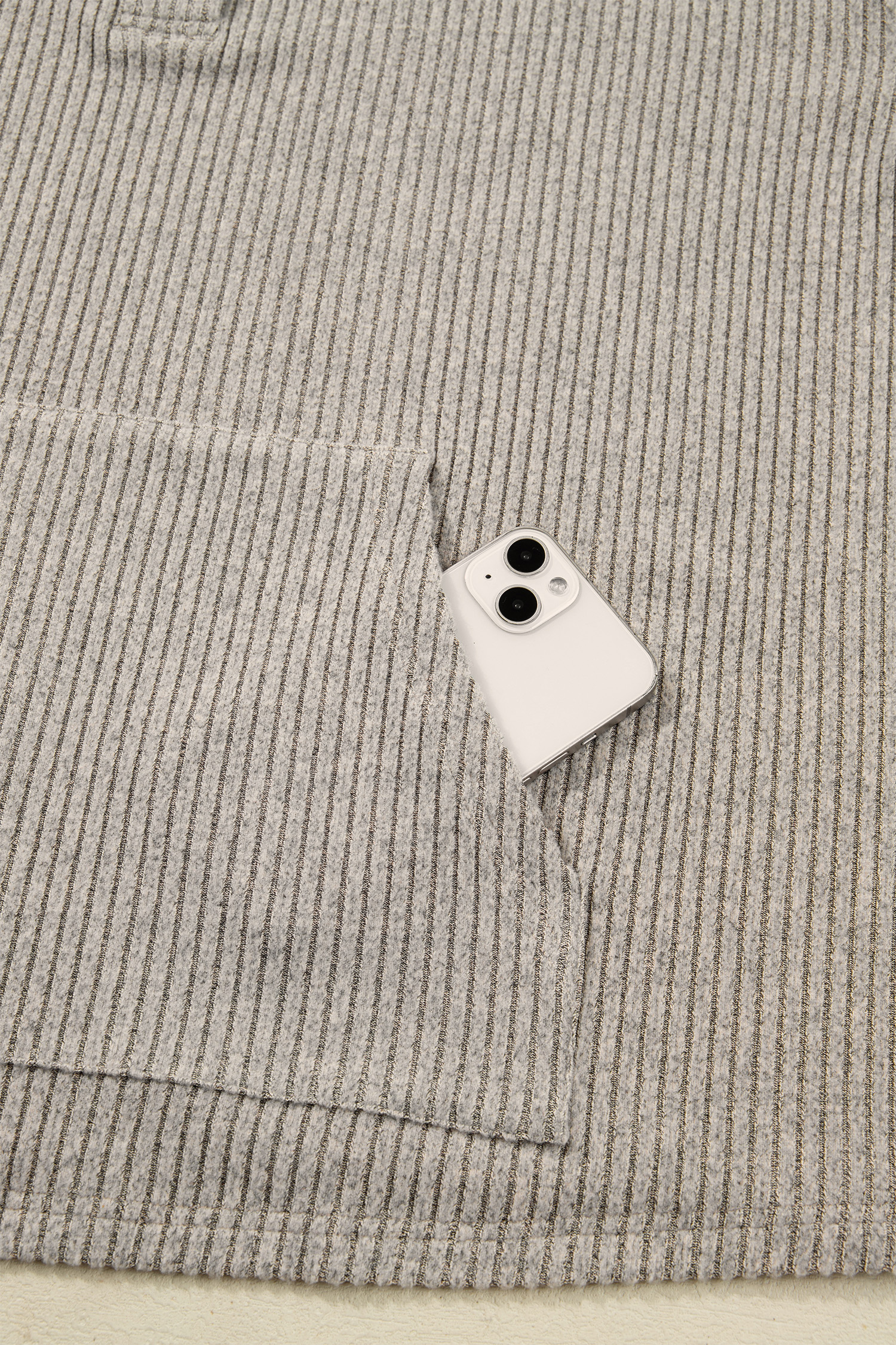 Plus Size Simply Taupe  Ribbed Knit Kangaroo Pocket Henley Long Sleeve Top