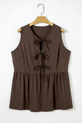 Plus Size Coffee  Solid Color Bow Tie Peplum Tank Top