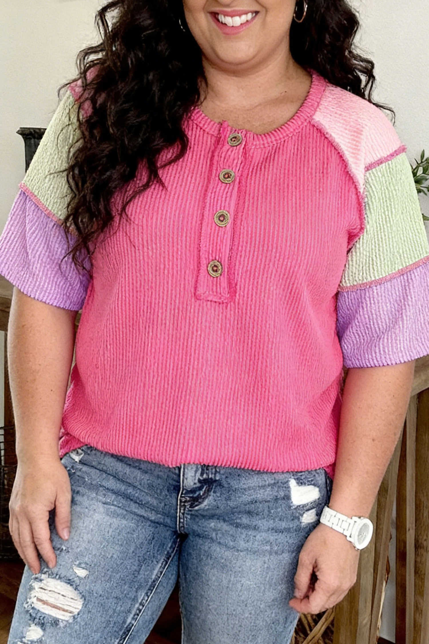 Plus Size Bright Pink  Twisted Rib Color Block Patchwork Short Sleeve Henley Top