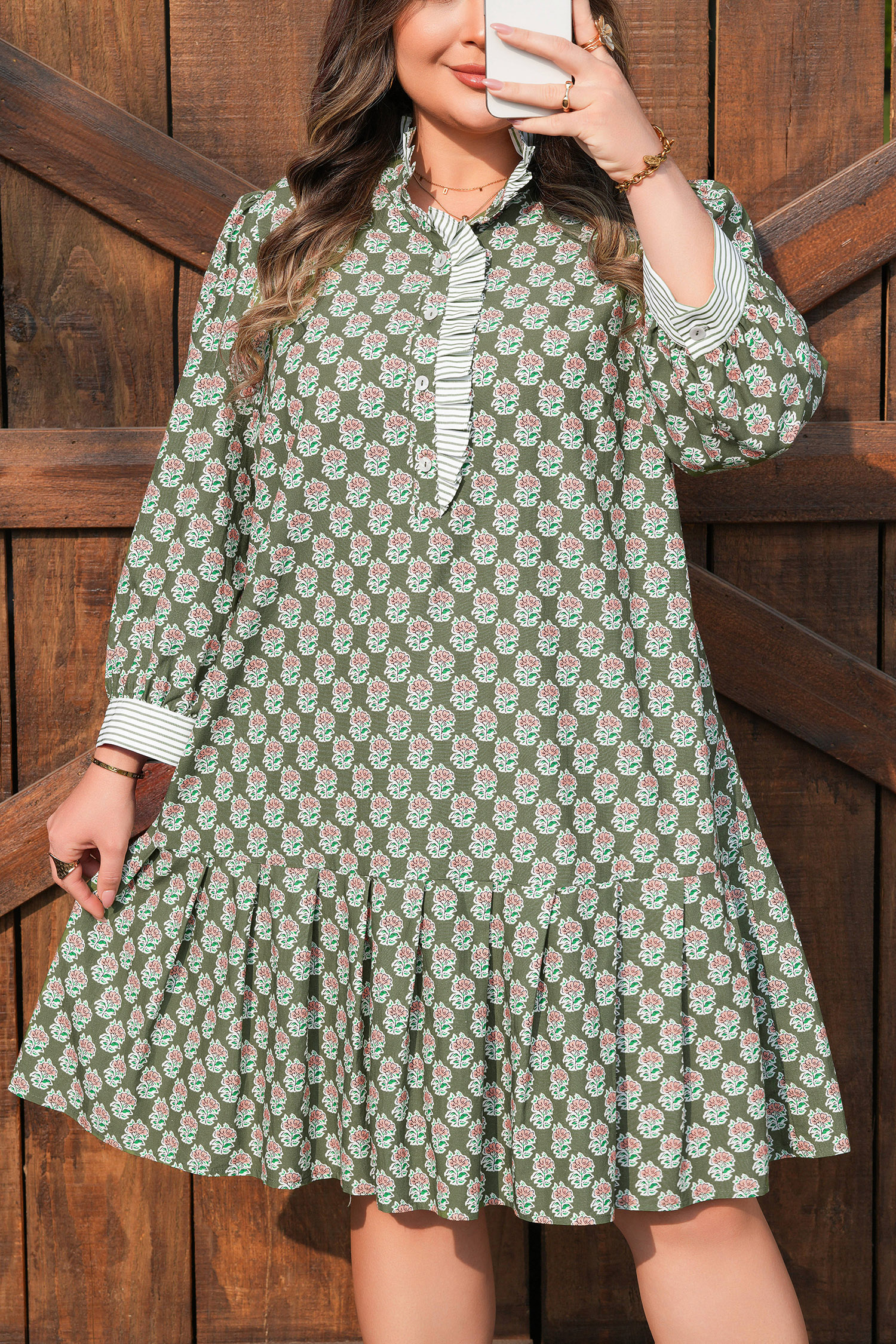 Plus Size Green Contrast Striped Frilled Collar 3/4 Sleeve  Floral Dress