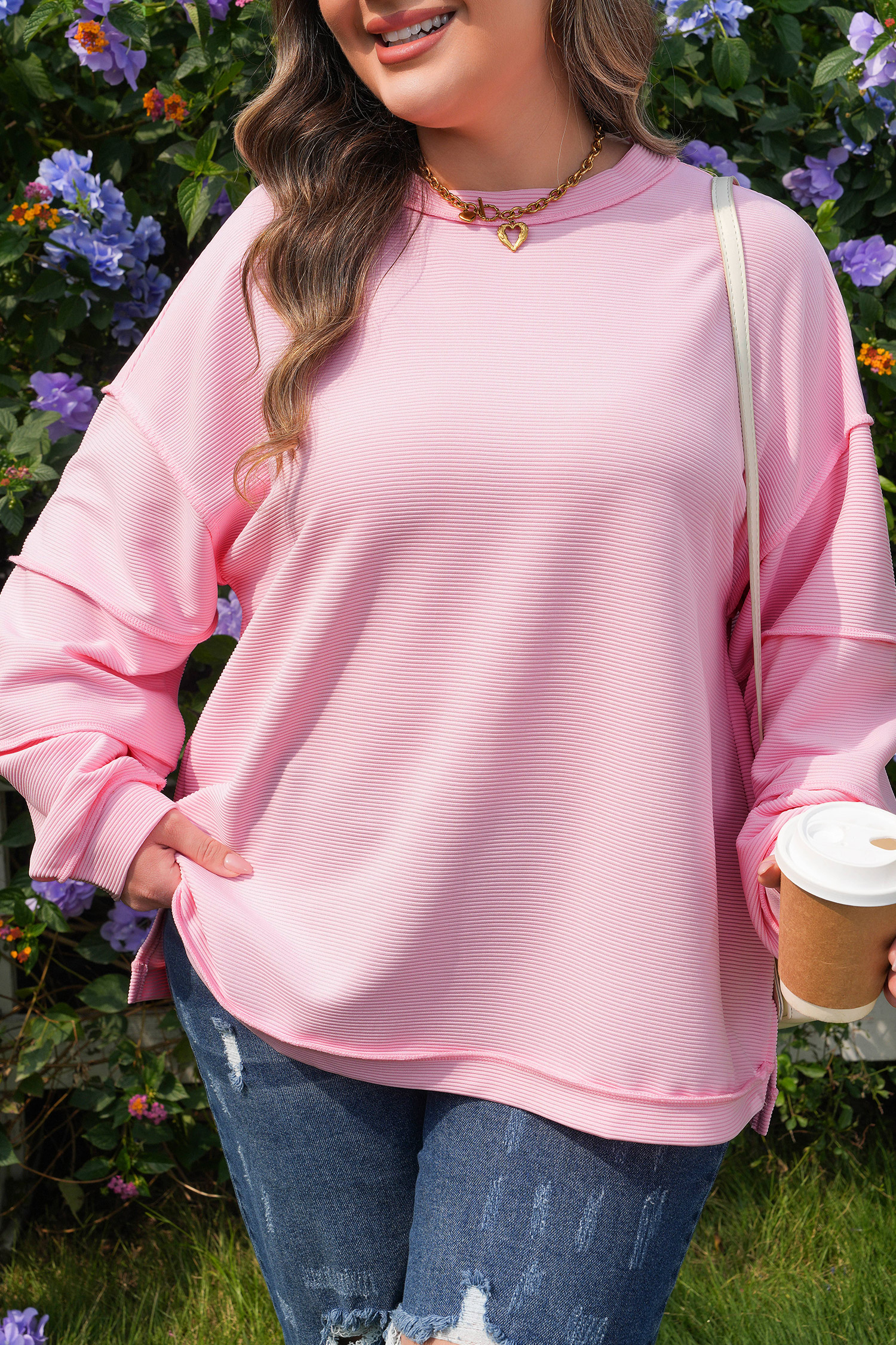 Plus Size Pink Drop Shoulder Long Sleeve  Ribbed Top