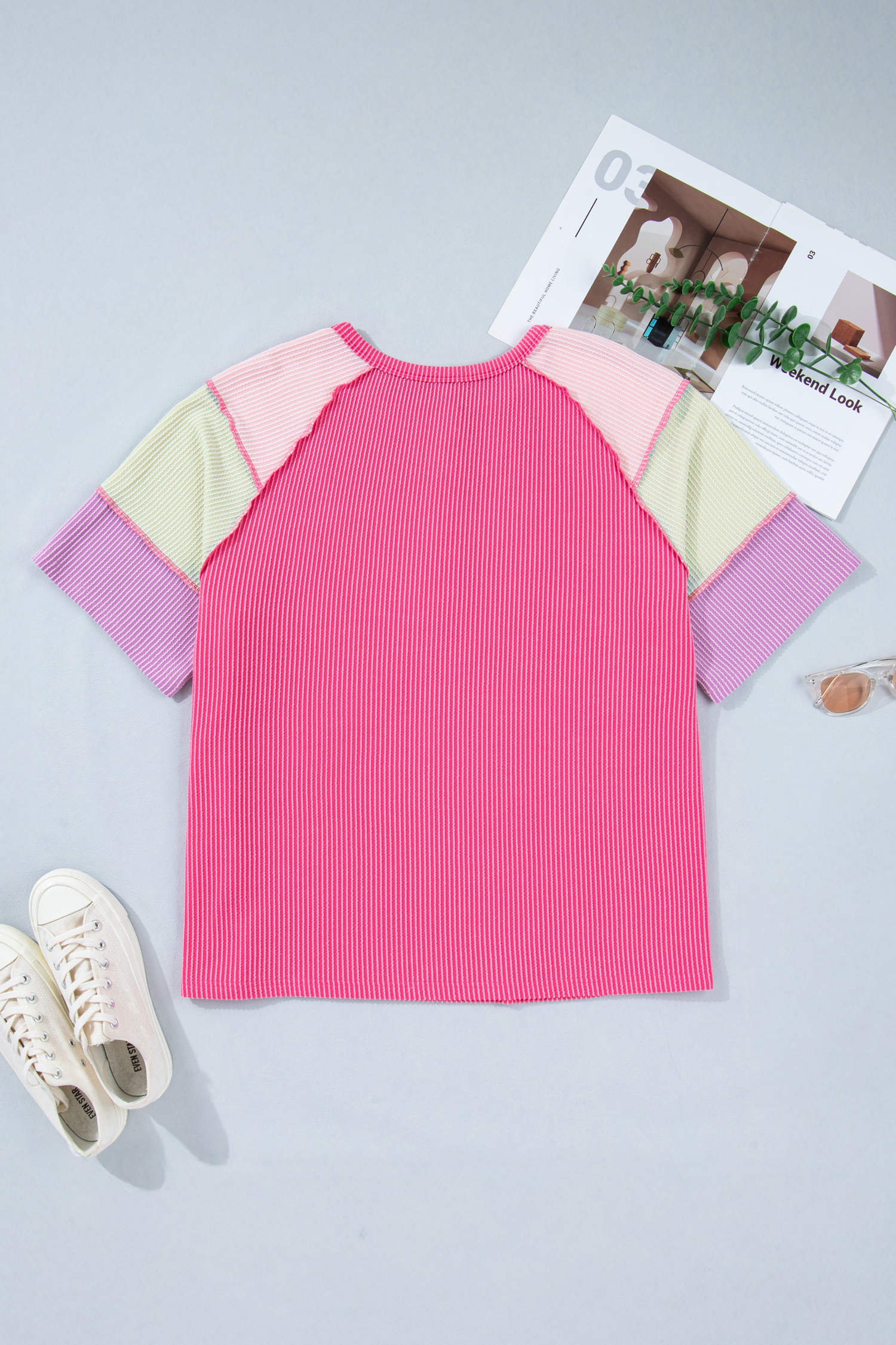 Plus Size Bright Pink  Twisted Rib Color Block Patchwork Short Sleeve Henley Top