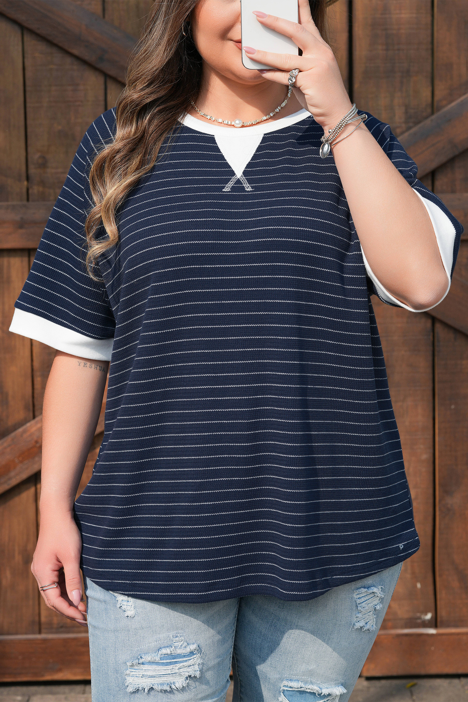 Plus Size Blue Stripe Contrast Trim  Ribbed T Shirt