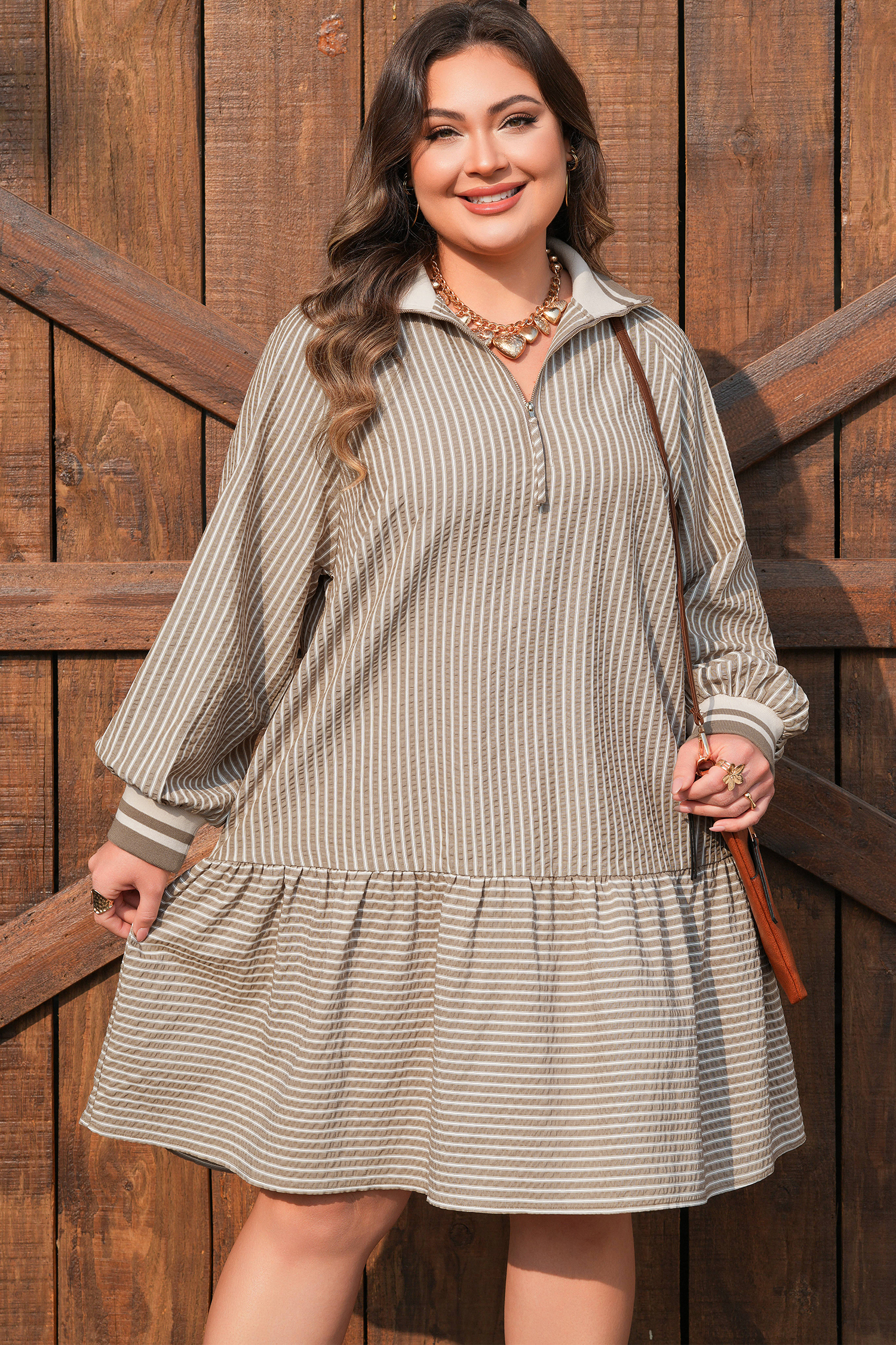 Plus Size Khaki Stripe Zip up Collared Puff Sleeve Ruffled  Mini Dress