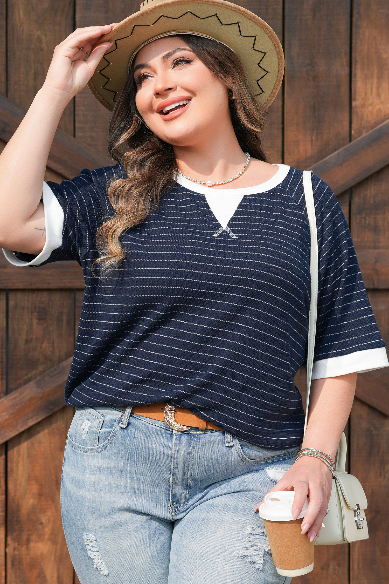Plus Size Blue Stripe Contrast Trim  Ribbed T Shirt