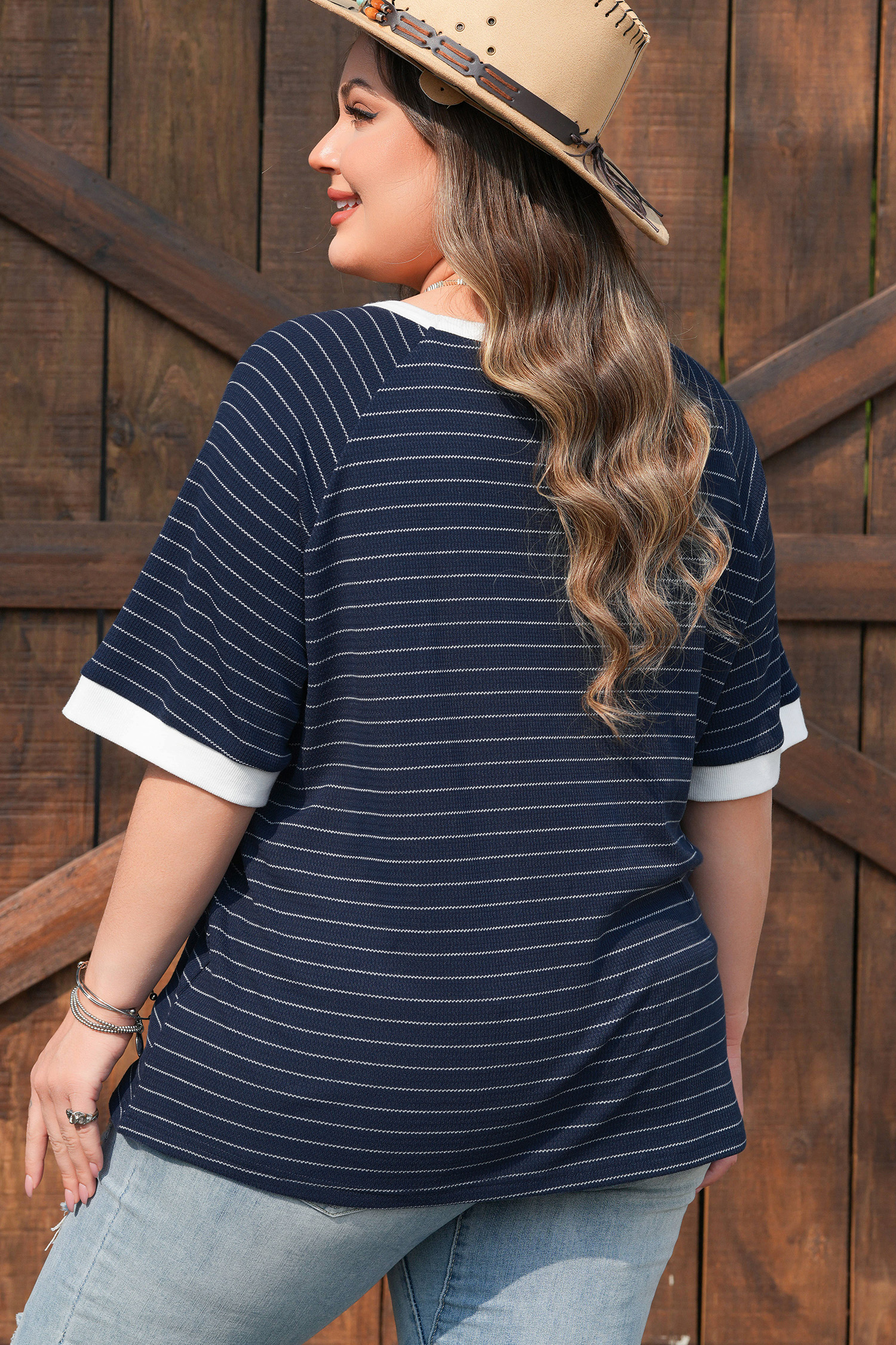 Plus Size Blue Stripe Contrast Trim  Ribbed T Shirt