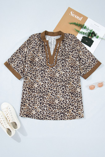 Plus Size Brown  Leopard Print Crinkled Colorblock Patchwork V Neck Blouse