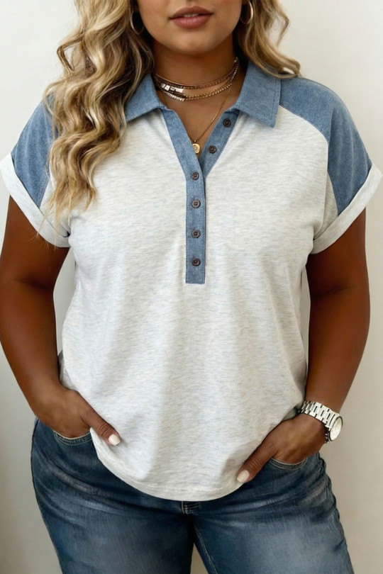 Plus Size Beige  Contrast Denim Patchwork Cuffed Sleeve Polo Tee
