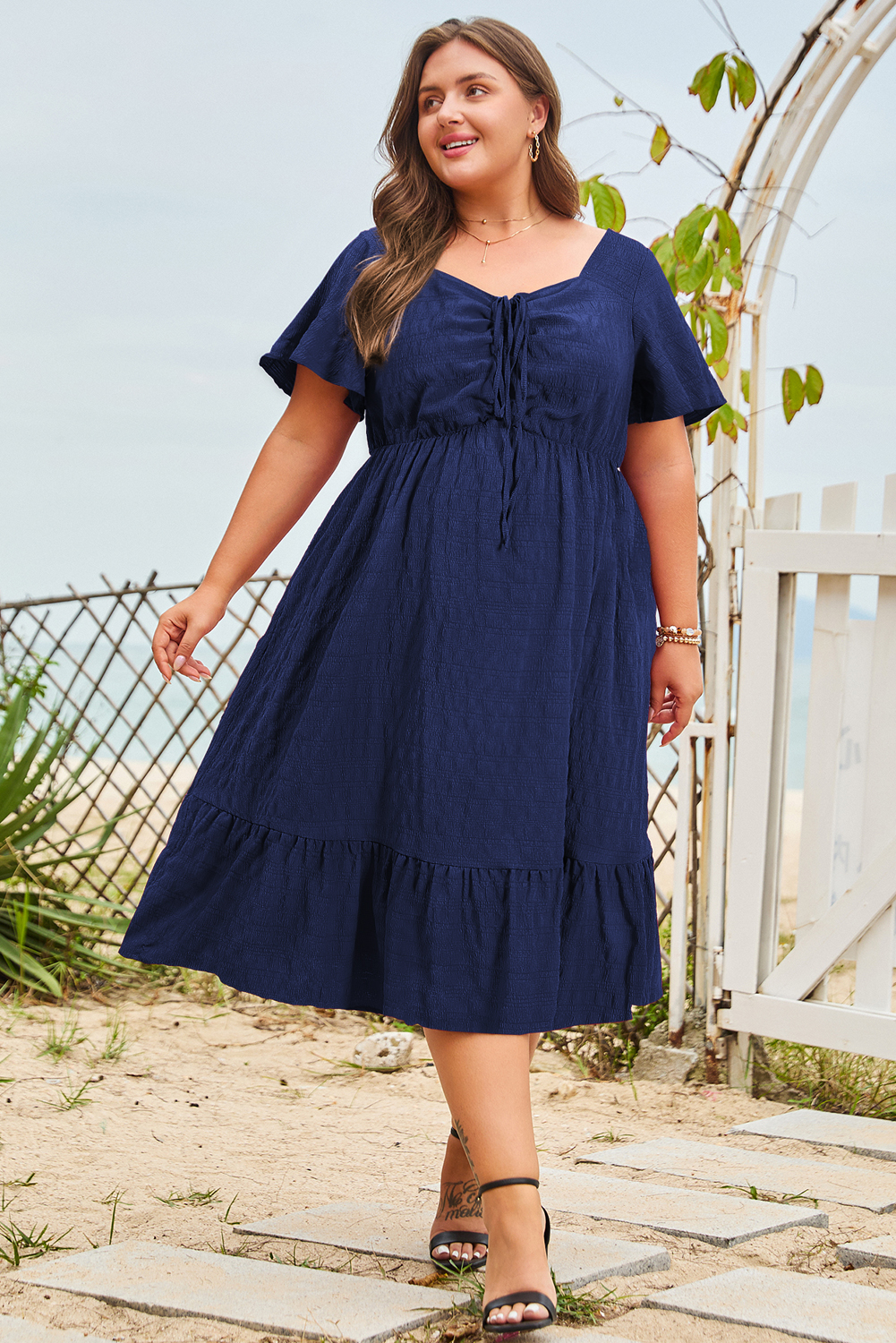 Plus Size Blue  Short Sleeve Lace-up High Waist Midi Dress