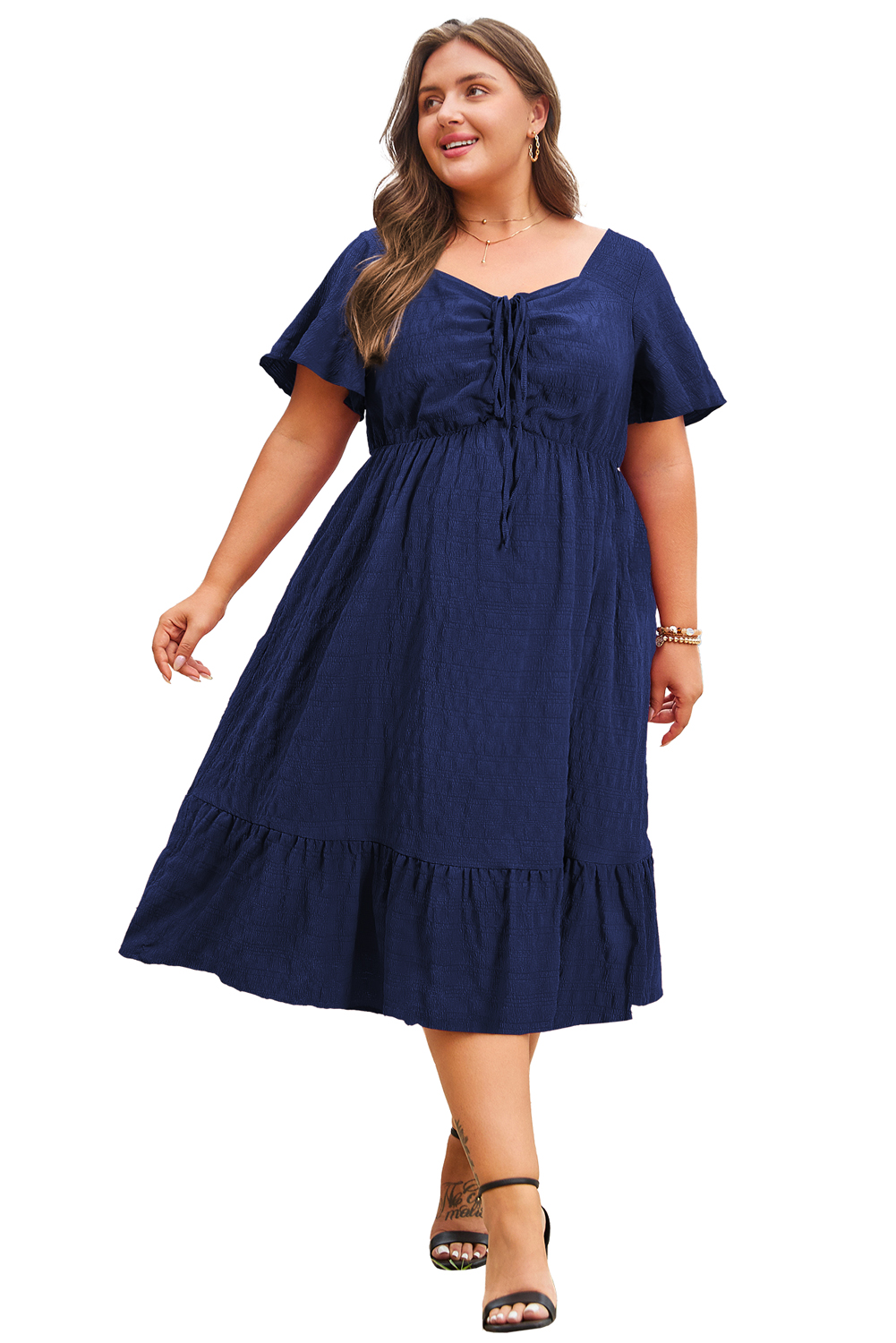 Plus Size Blue  Short Sleeve Lace-up High Waist Midi Dress