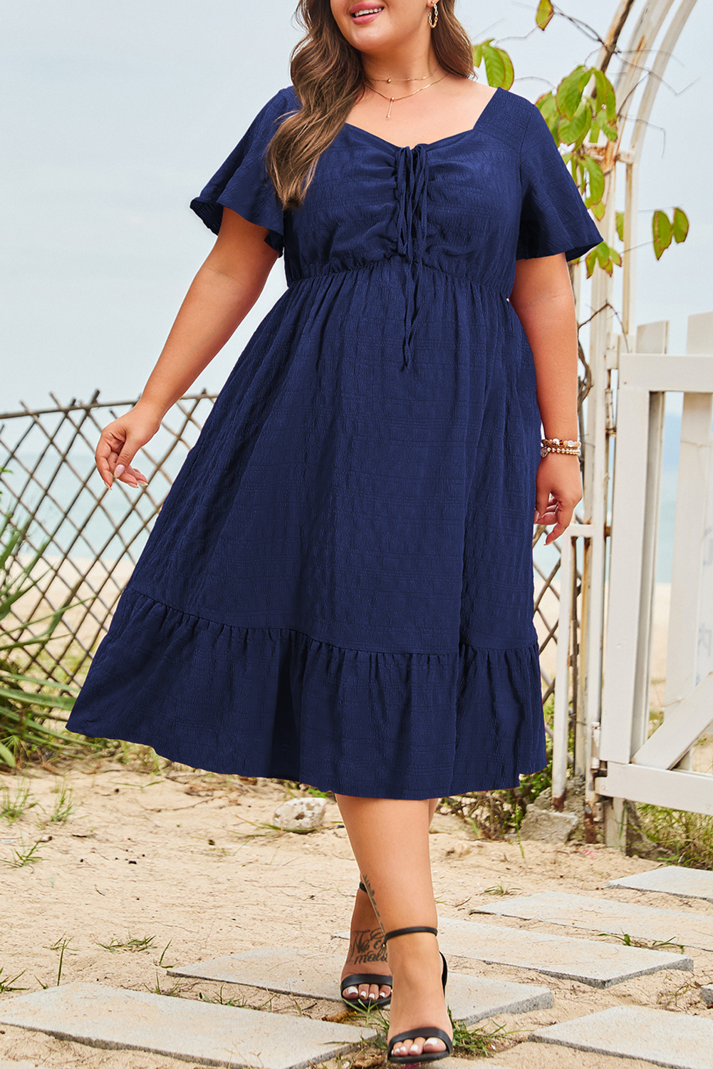 Plus Size Blue  Short Sleeve Lace-up High Waist Midi Dress