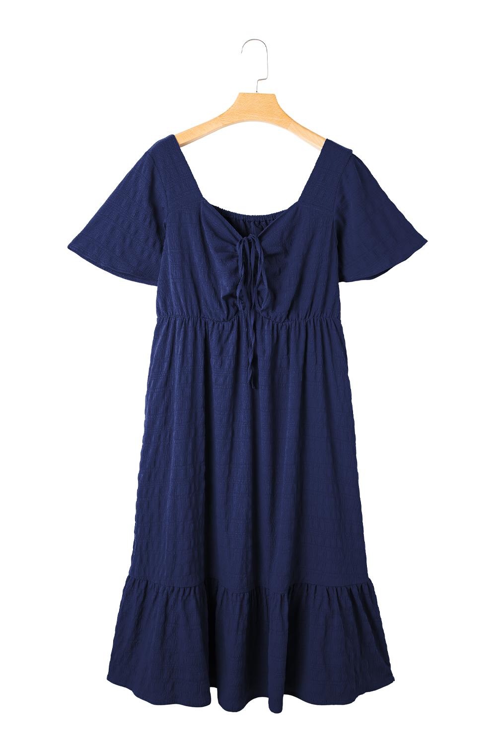 Plus Size Blue  Short Sleeve Lace-up High Waist Midi Dress