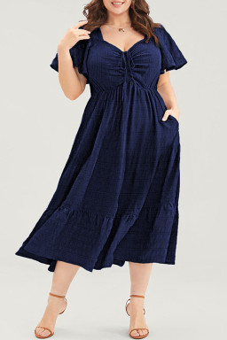Plus Size Blue  Short Sleeve Lace-up High Waist Midi Dress