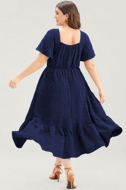 Plus Size Blue  Short Sleeve Lace-up High Waist Midi Dress