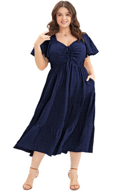 Plus Size Blue  Short Sleeve Lace-up High Waist Midi Dress