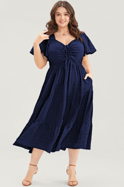 Plus Size Blue  Short Sleeve Lace-up High Waist Midi Dress