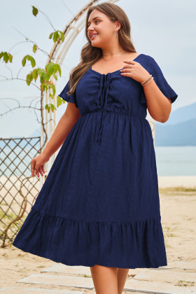 Plus Size Blue  Short Sleeve Lace-up High Waist Midi Dress