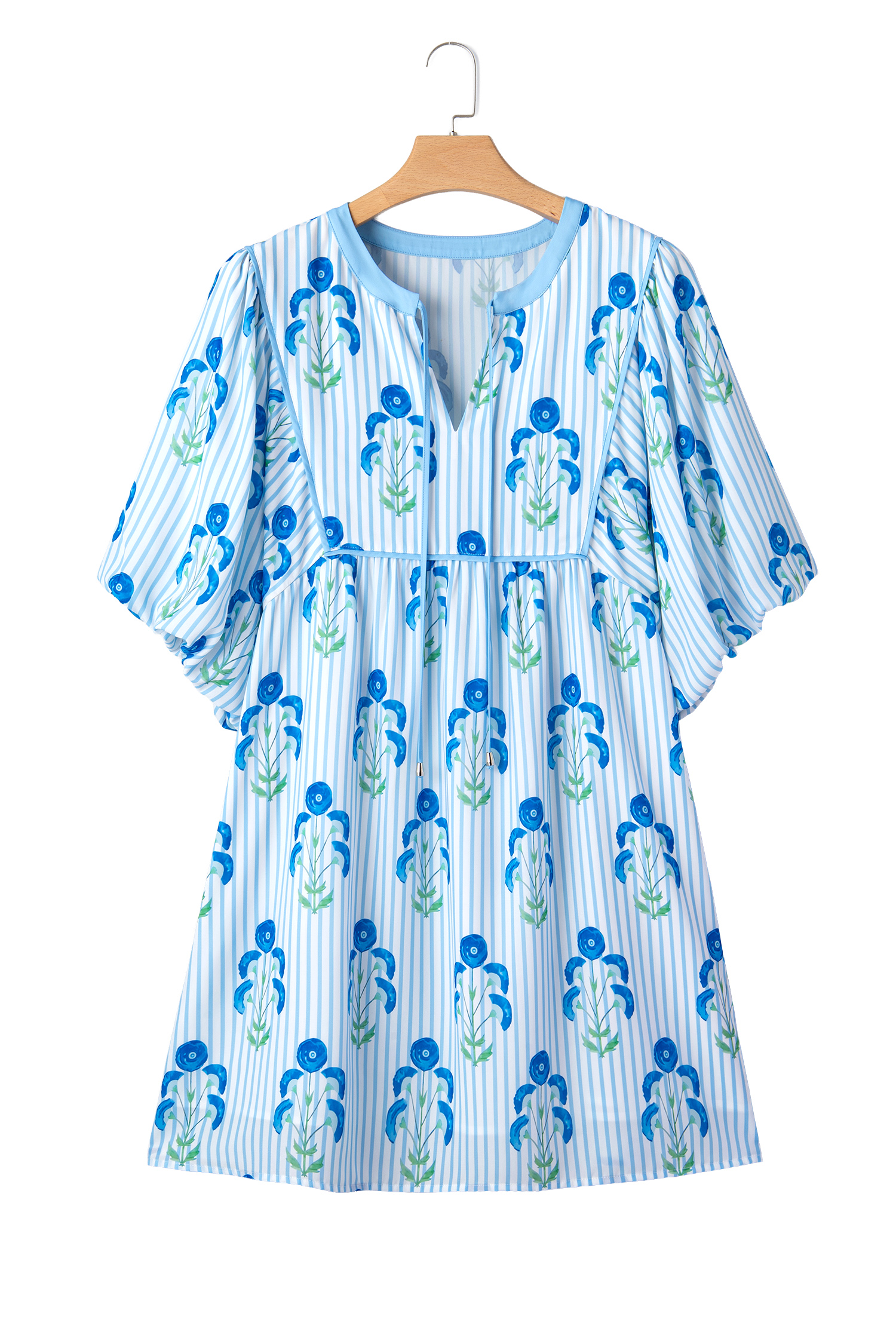 Plus Size Sky Blue Floral Striped Bubble Short Sleeve  Dress