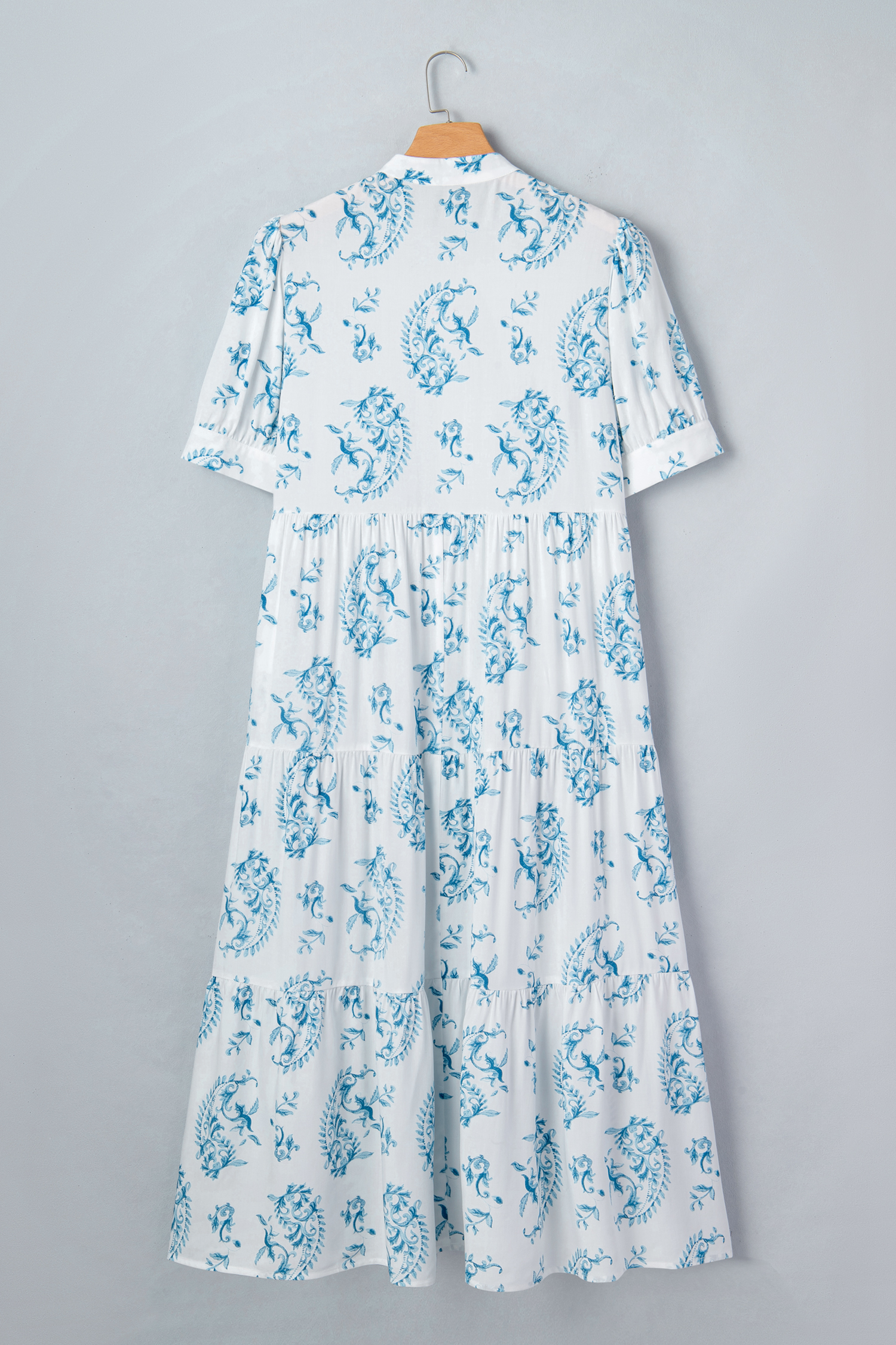Plus Size Sky Blue  Geometric Floral Print Button Split Neck Short Sleeve Maxi Dress