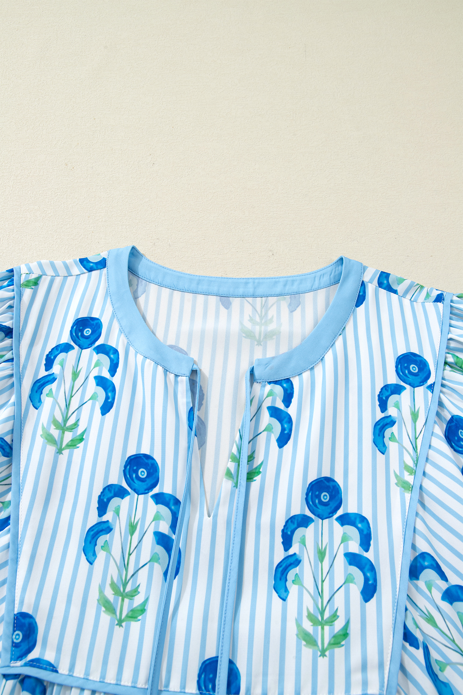 Plus Size Sky Blue Floral Striped Bubble Short Sleeve  Dress