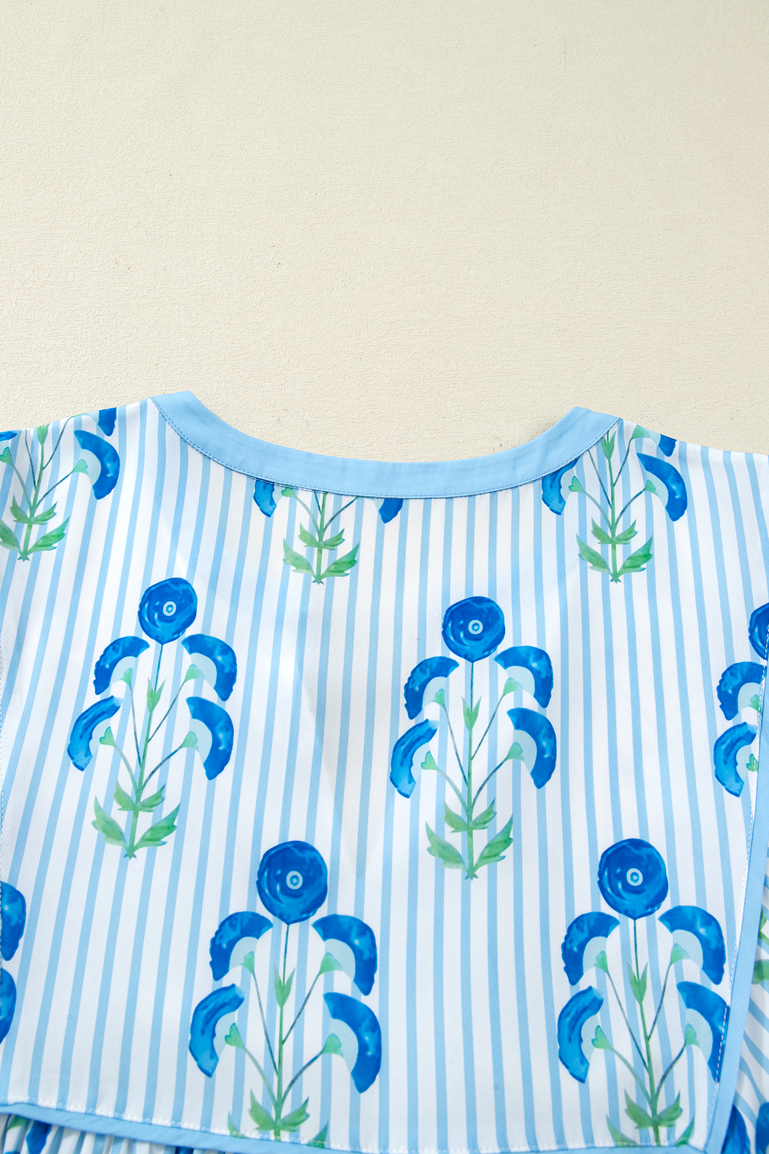 Plus Size Sky Blue Floral Striped Bubble Short Sleeve  Dress